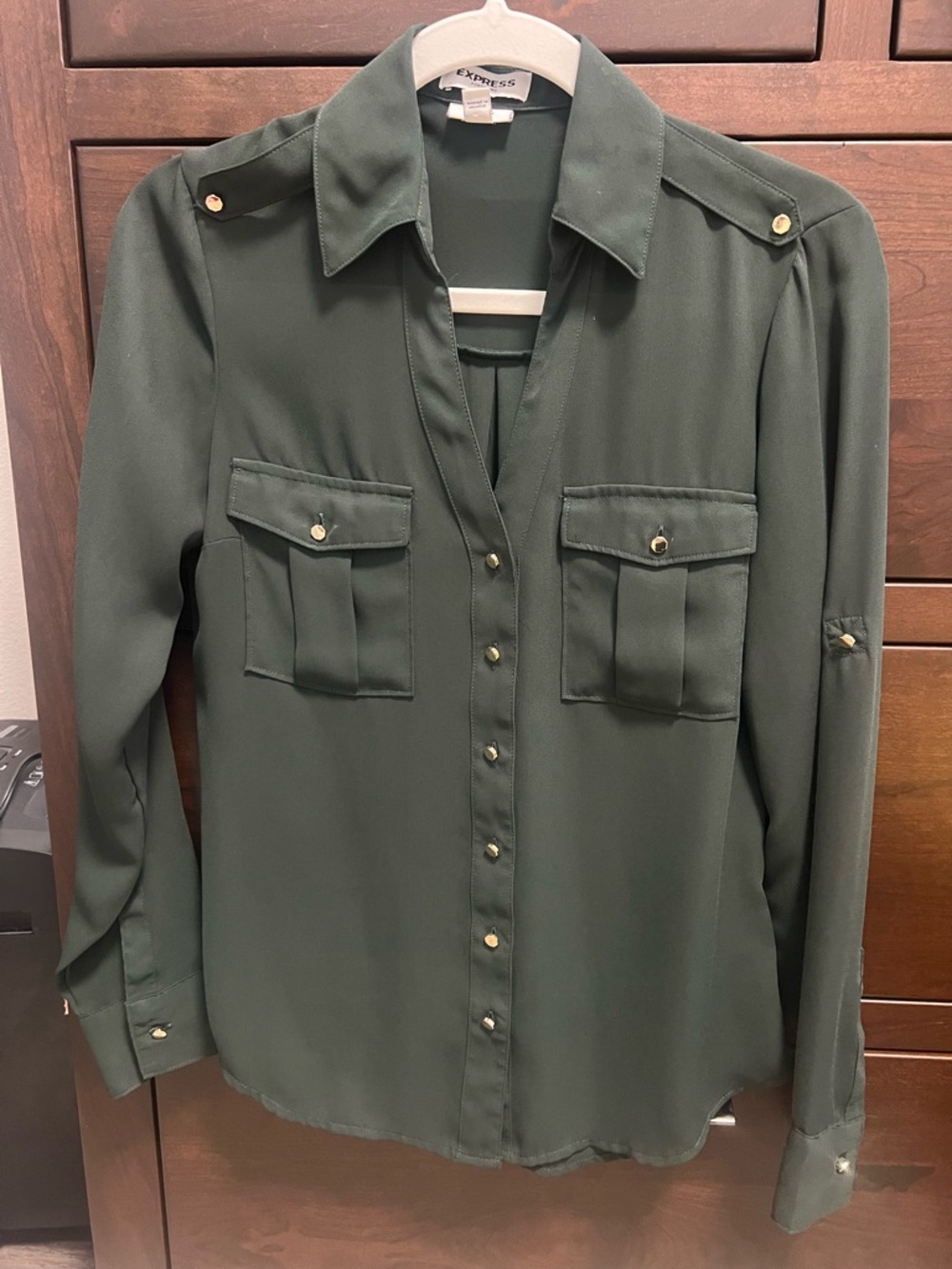 Express Olive Utility Button-Down Shirt with Gold Buttons - Picture 3 of 7